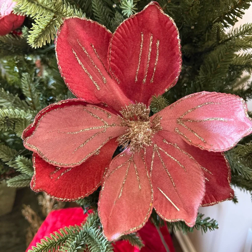 Velvet Pink Poinsettia Picks Gold Trim Holiday Decor Set of 5
